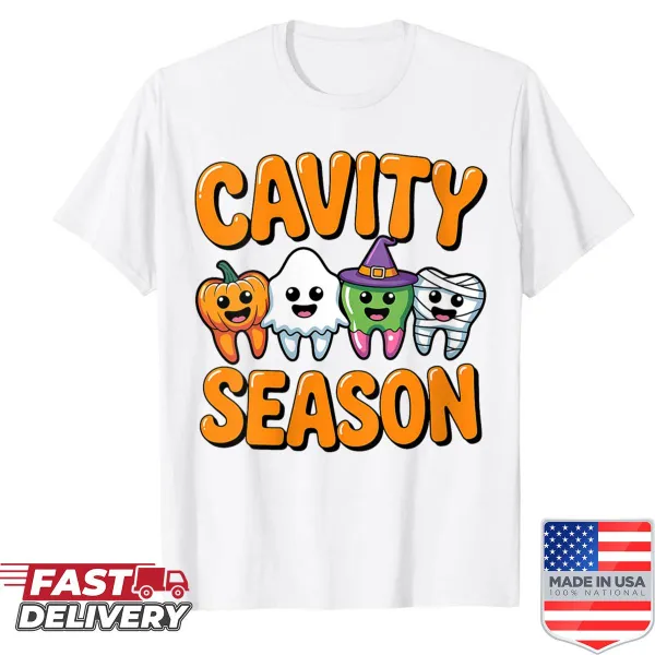 Halloween shirt with cartoon ghosts and dental hygiene theme