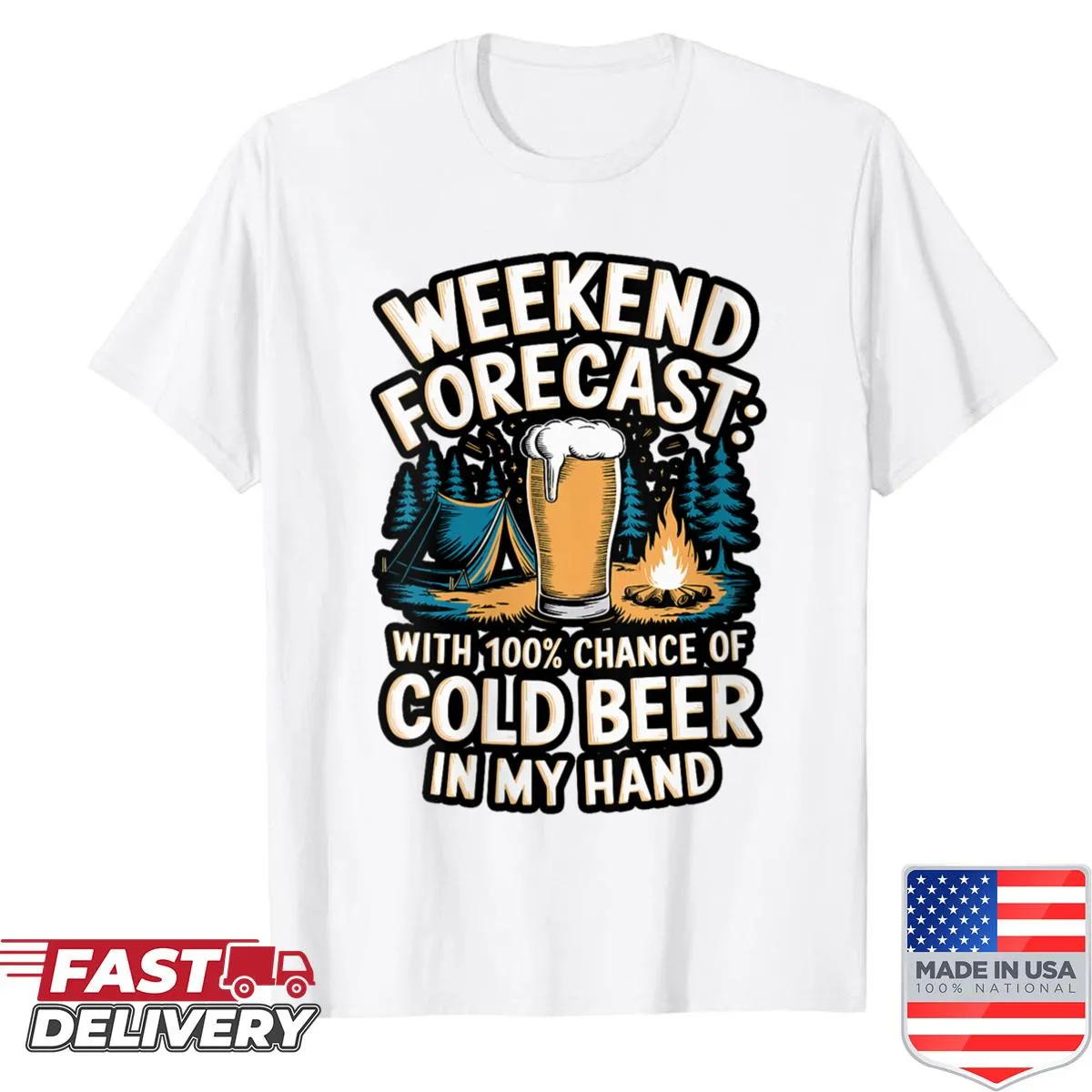 Graphic shirt featuring camping scene with beer and mountains