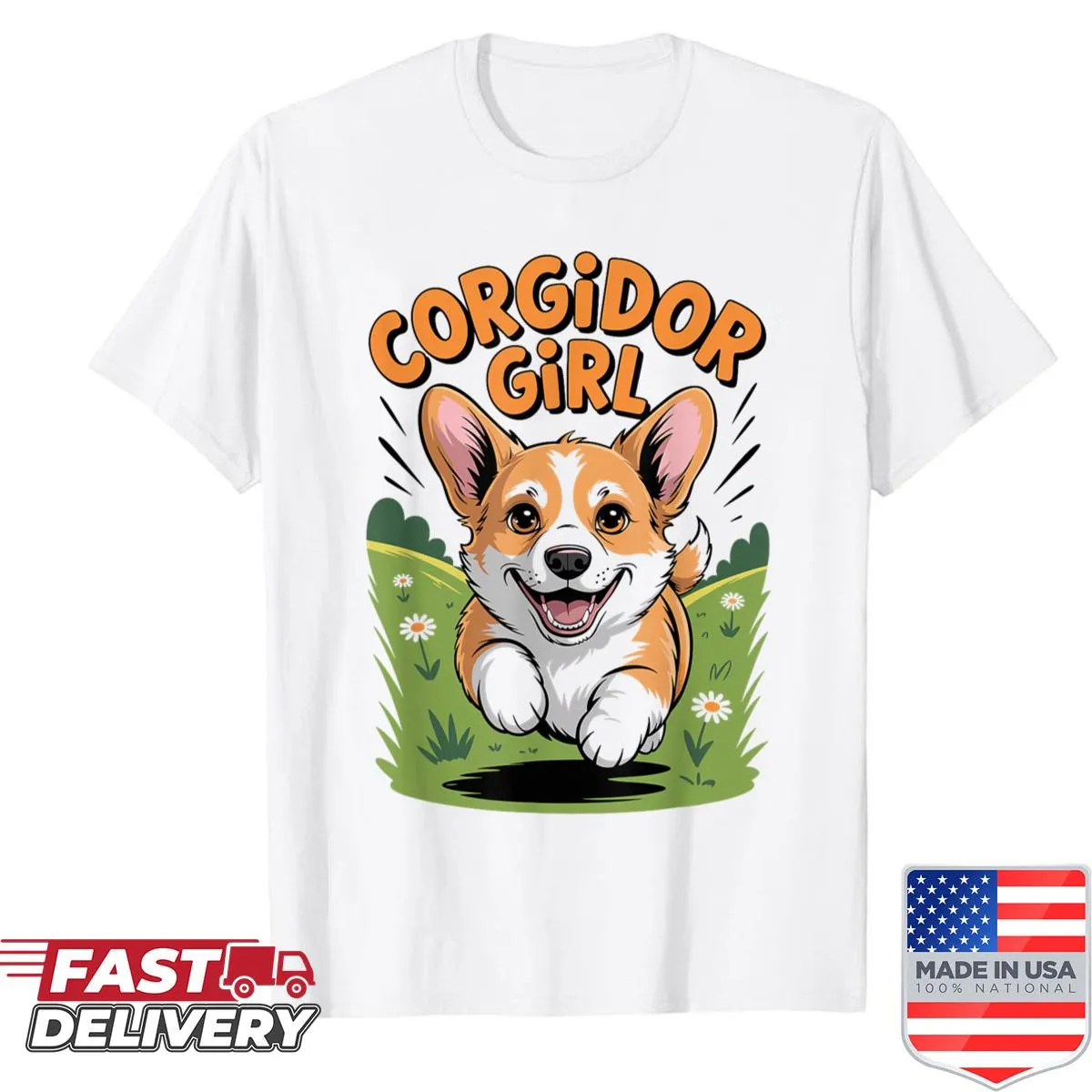 Cute cartoon Corgidor graphic on women's shirt for dog lovers