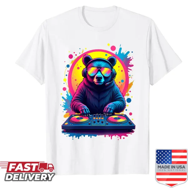 Retro DJ bear graphic shirt in pop art style