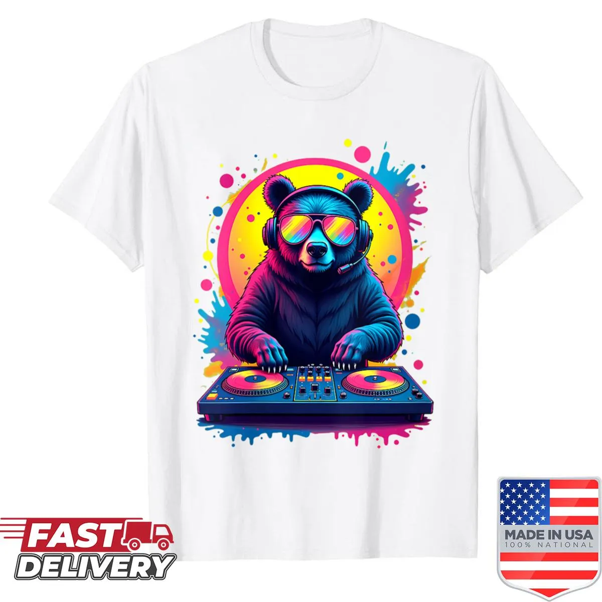 Retro DJ bear graphic shirt in pop art style
