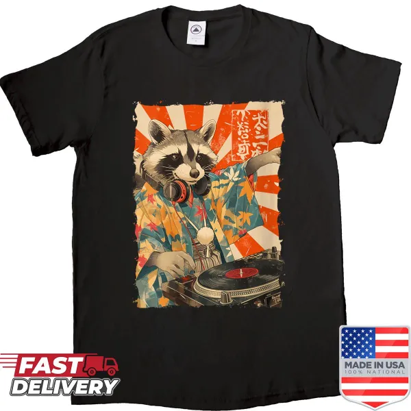 Playful DJ raccoon shirt for music lovers