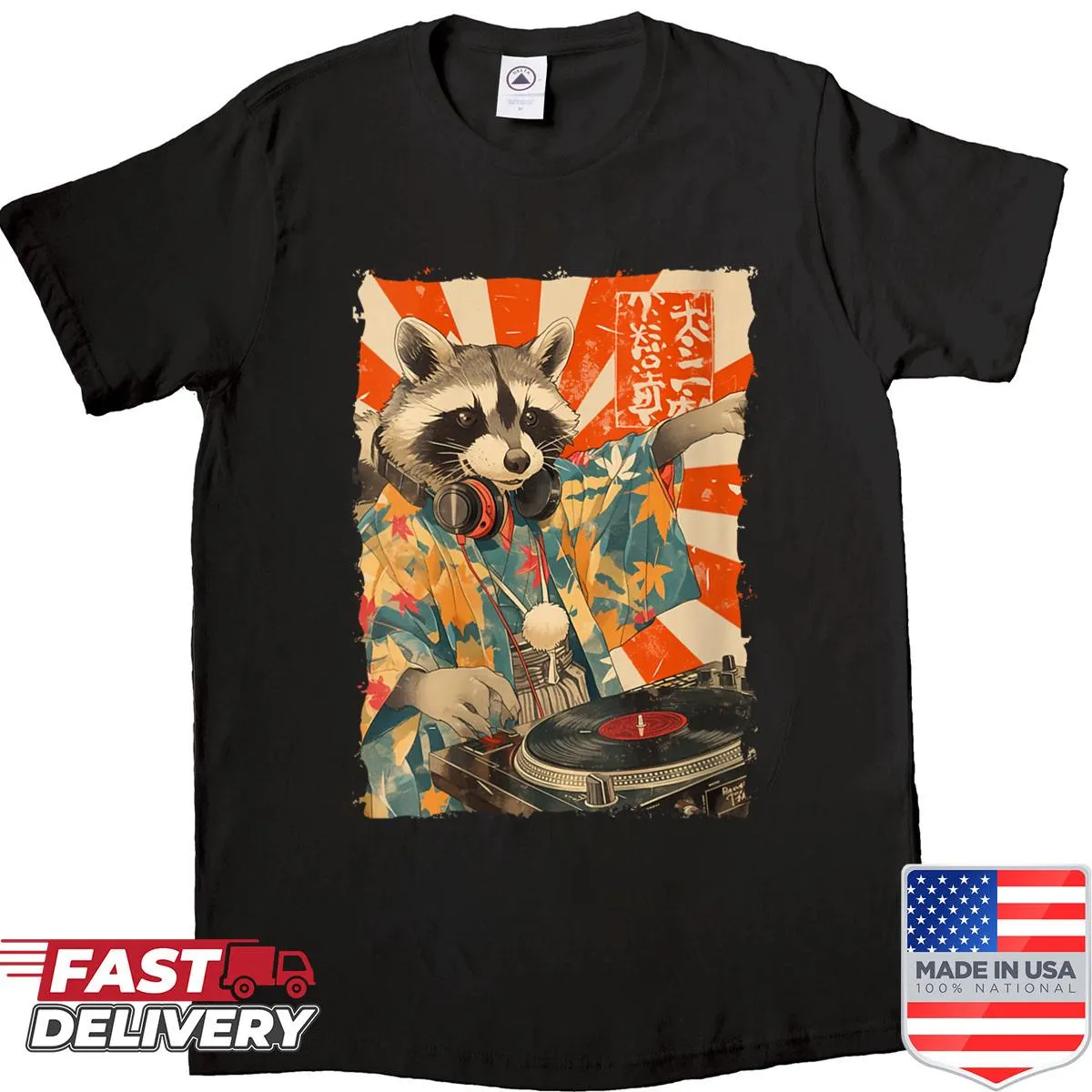 Playful DJ raccoon shirt for music lovers