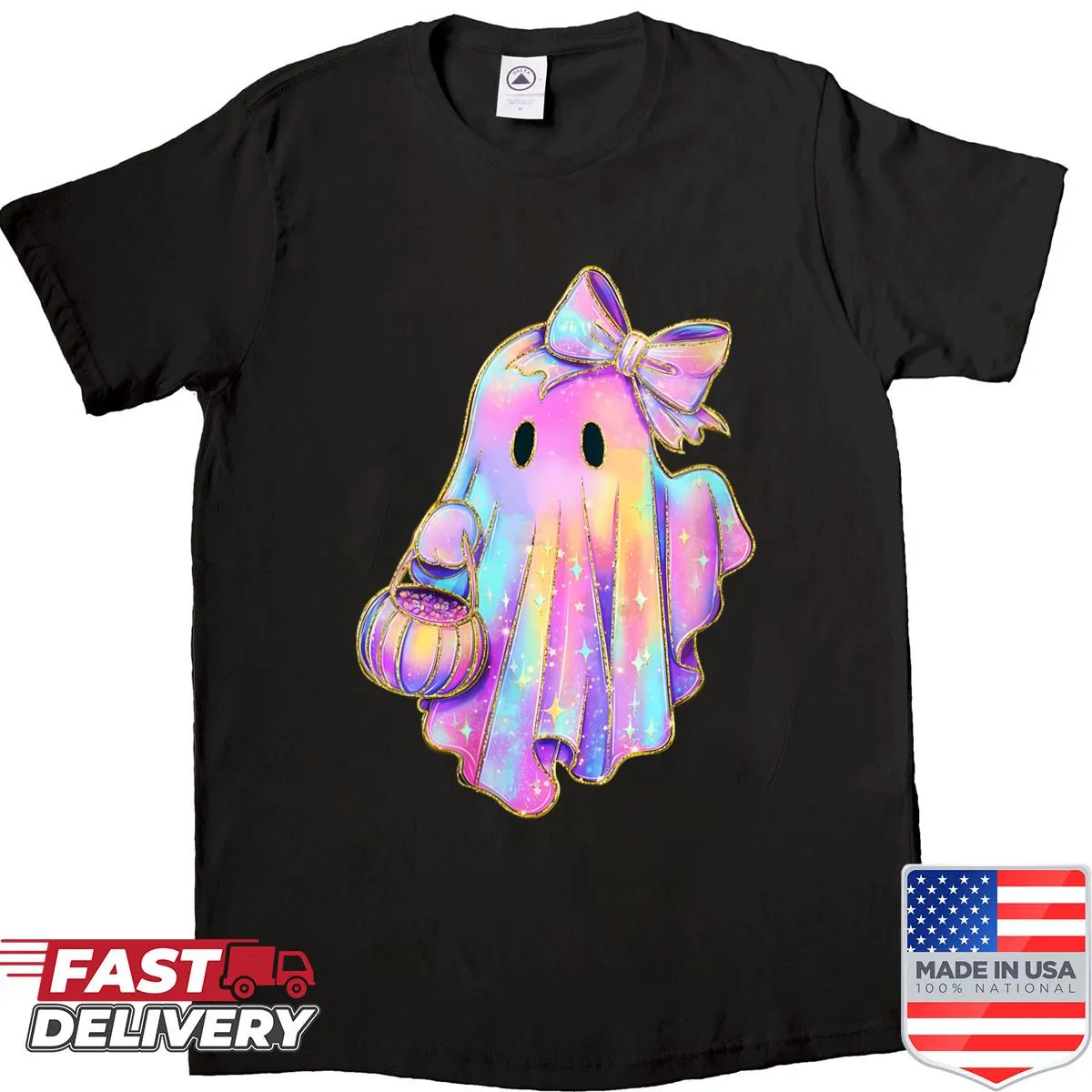Cartoon ghost with a bow for Halloween fun