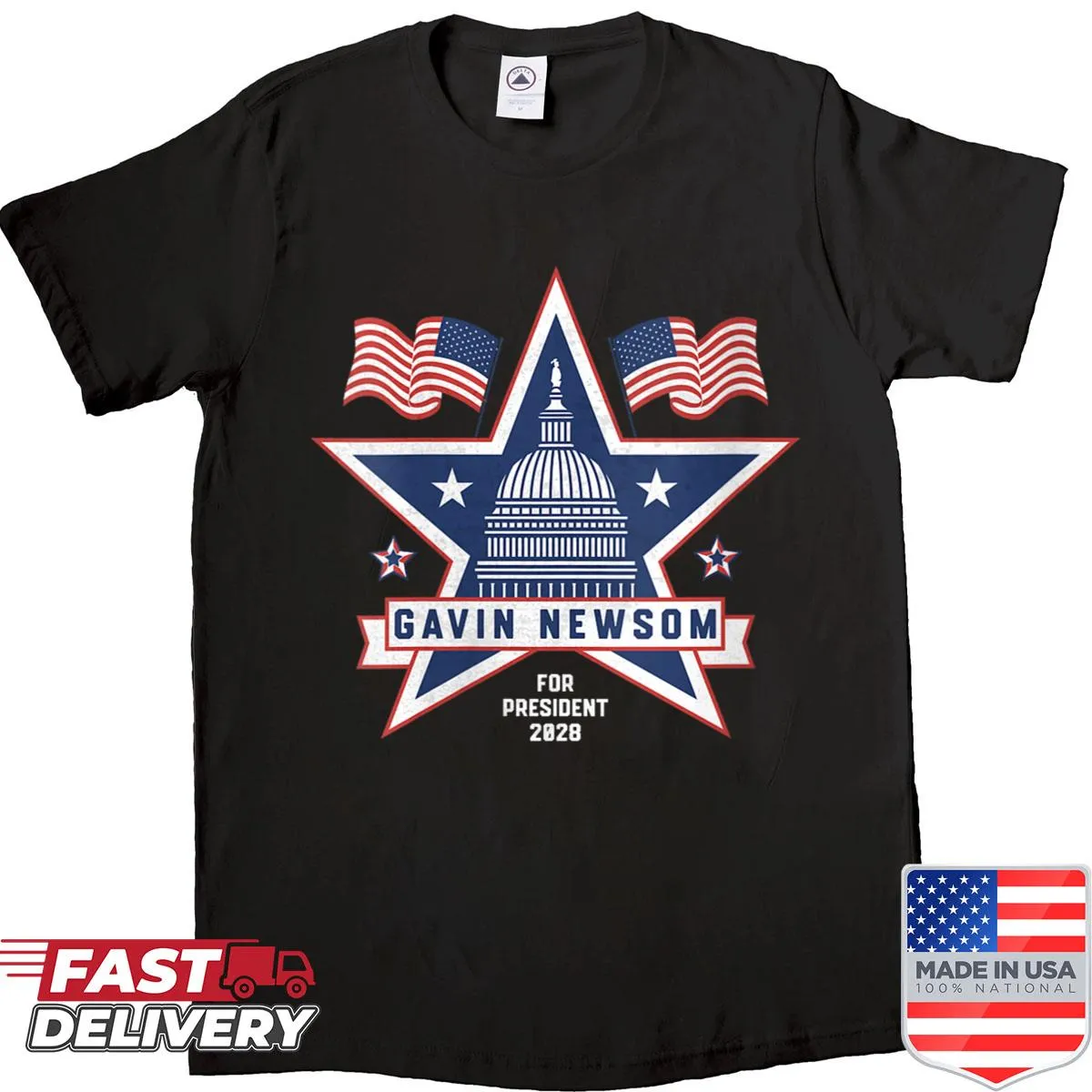 Patriotic shirt supporting Gavin Newsom's 2028 presidential campaign