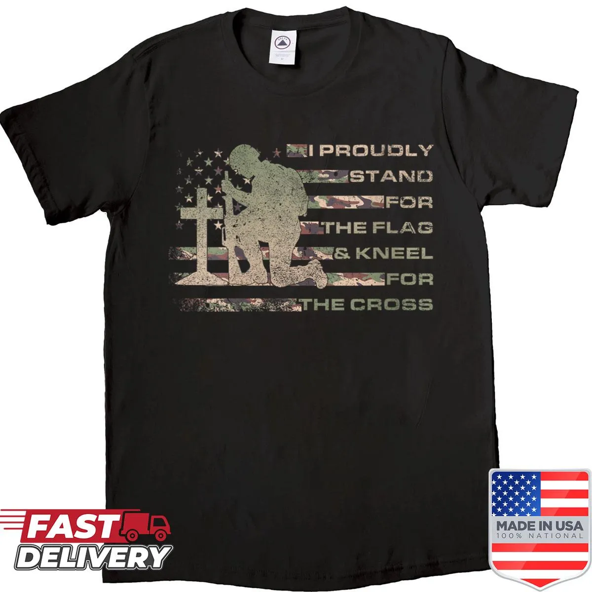 Patriotic design featuring the US flag and text about faith