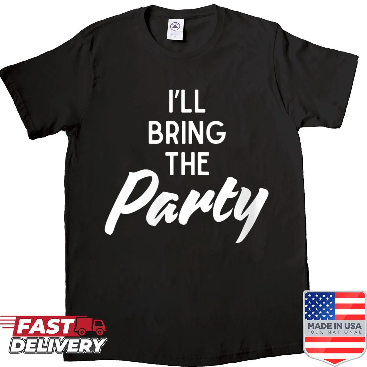 Humorous party-themed graphic on women's shirt