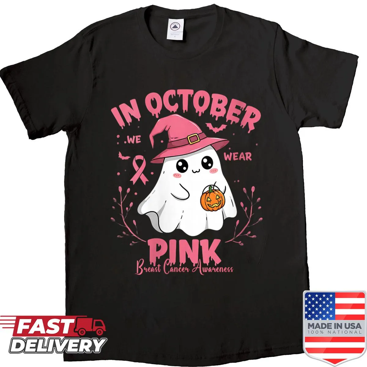 Ghost wearing pink for breast cancer awareness on shirt