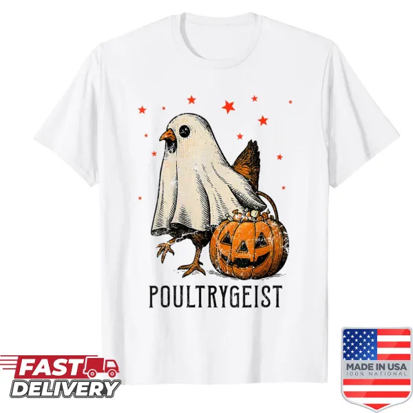 Vintage-distressed Halloween shirt with ghostly chicken and pumpkin design