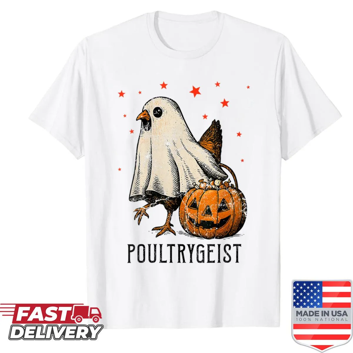 Vintage-distressed Halloween shirt with ghostly chicken and pumpkin design