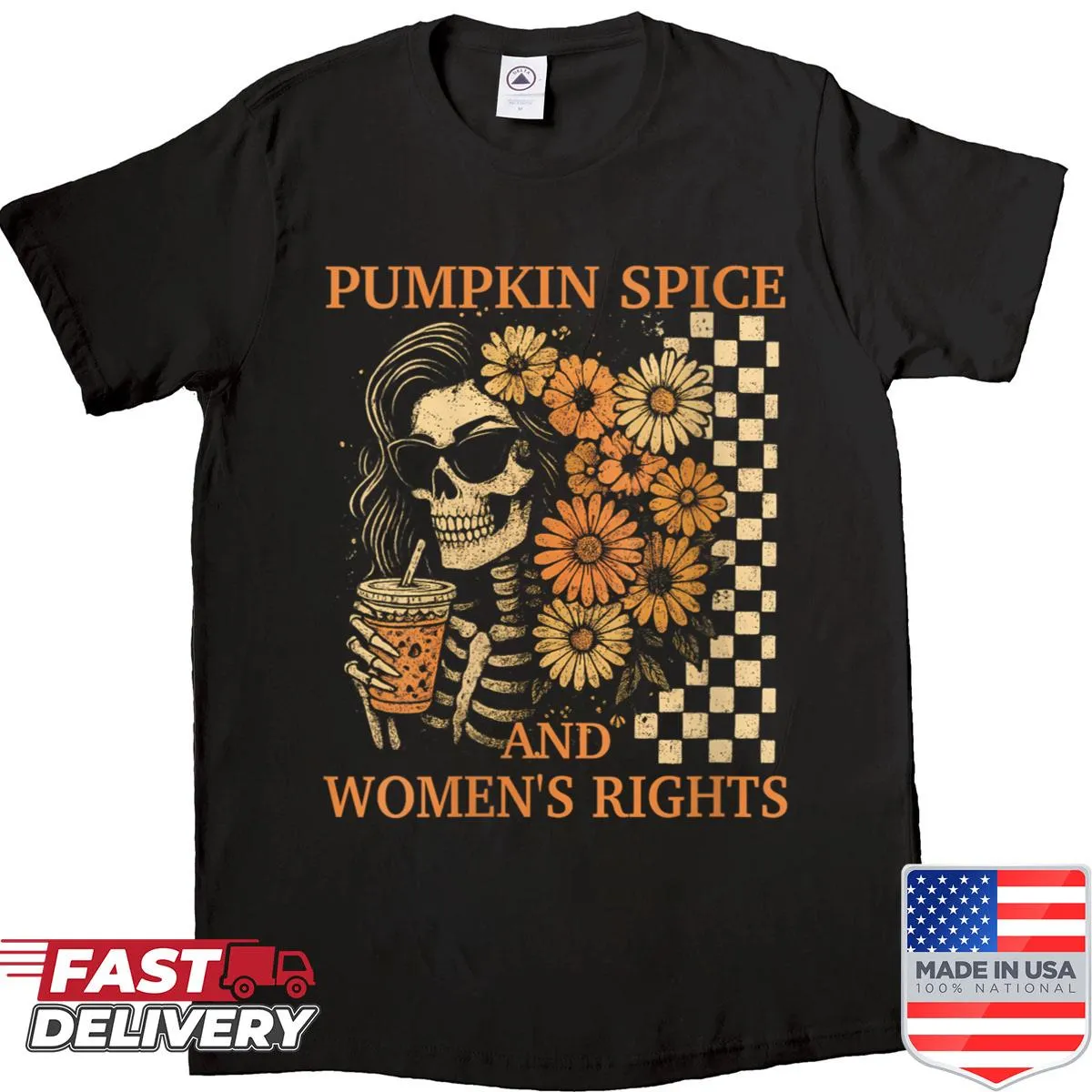 Retro skeleton girl with pumpkin spice and feminist slogan on t-shirt