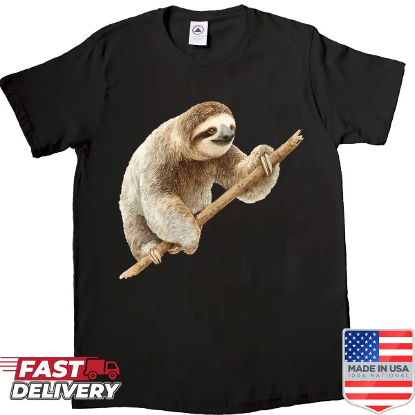 Charming sloth graphic surrounded by tropical leaves on shirt