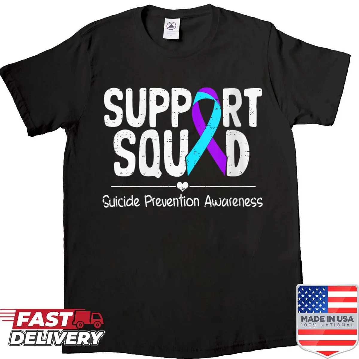 Shirt featuring teal and purple suicide awareness ribbon design.