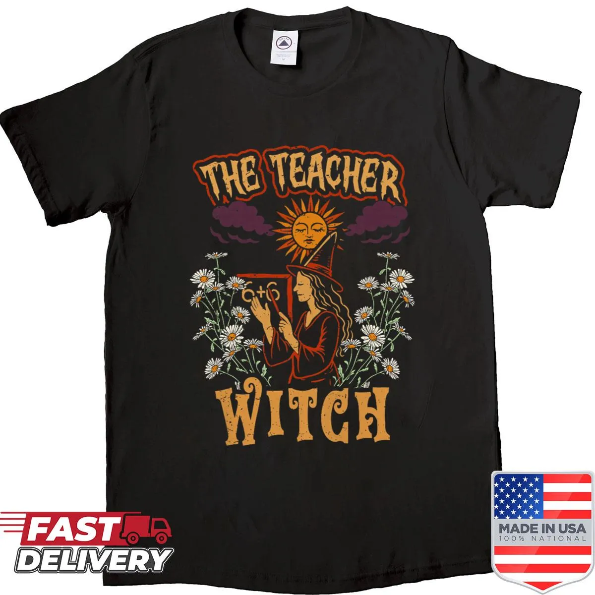 Whimsical 'The Teacher Witch' text on a women's t-shirt.