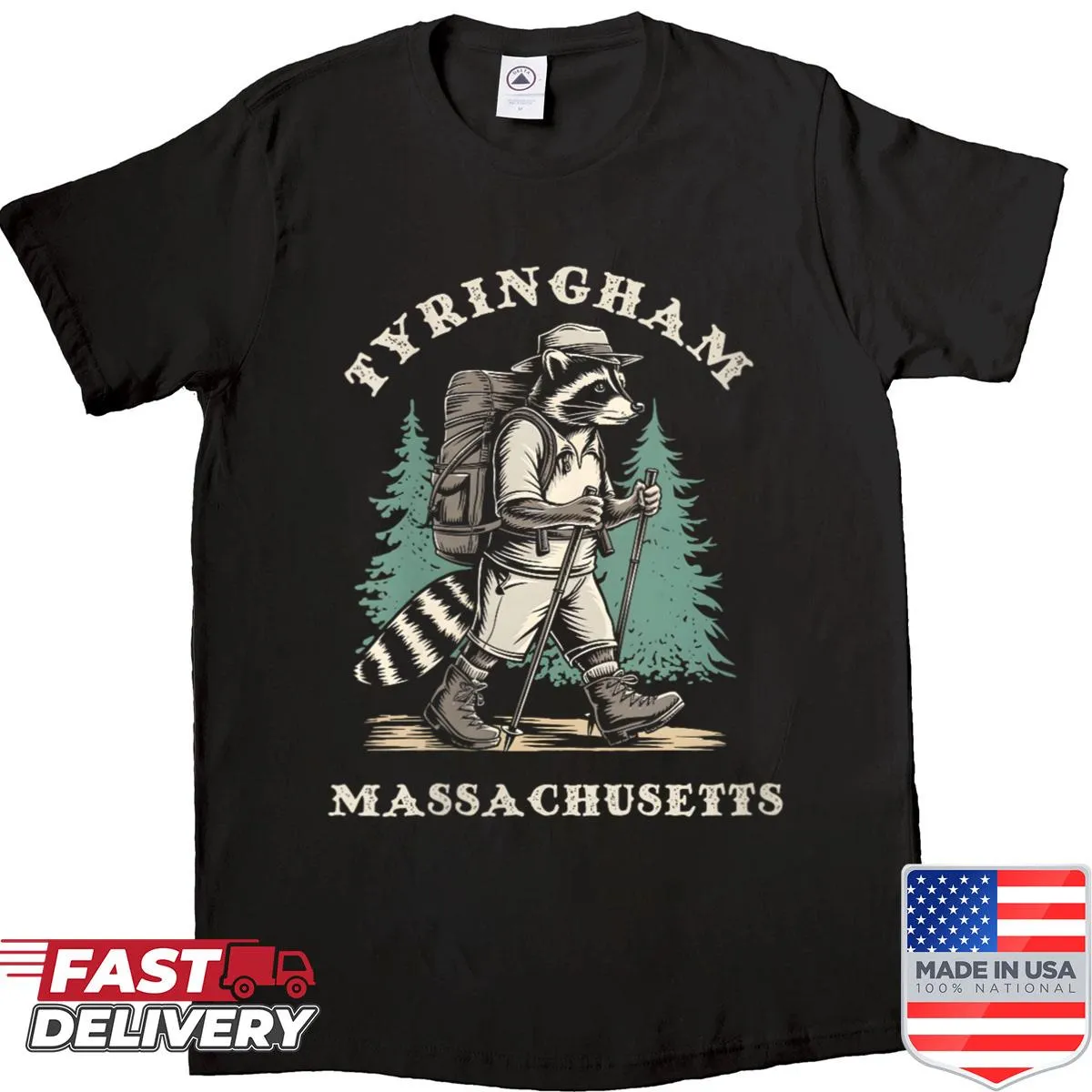 Shirt with whimsical raccoon illustration celebrating hiking in Tyringham
