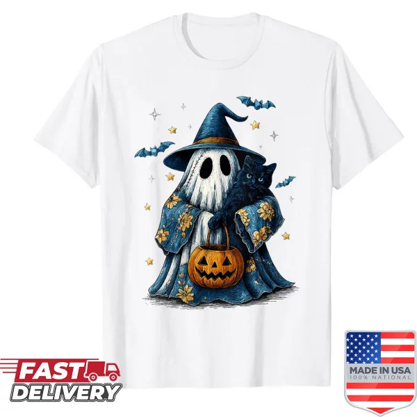 Vintage Halloween shirt featuring a ghost with a black cat and floral design.