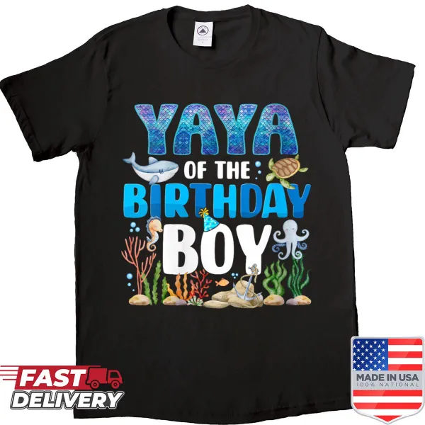 Shirt with 'Yaya Of The Birthday Boy' text and sea animal illustrations