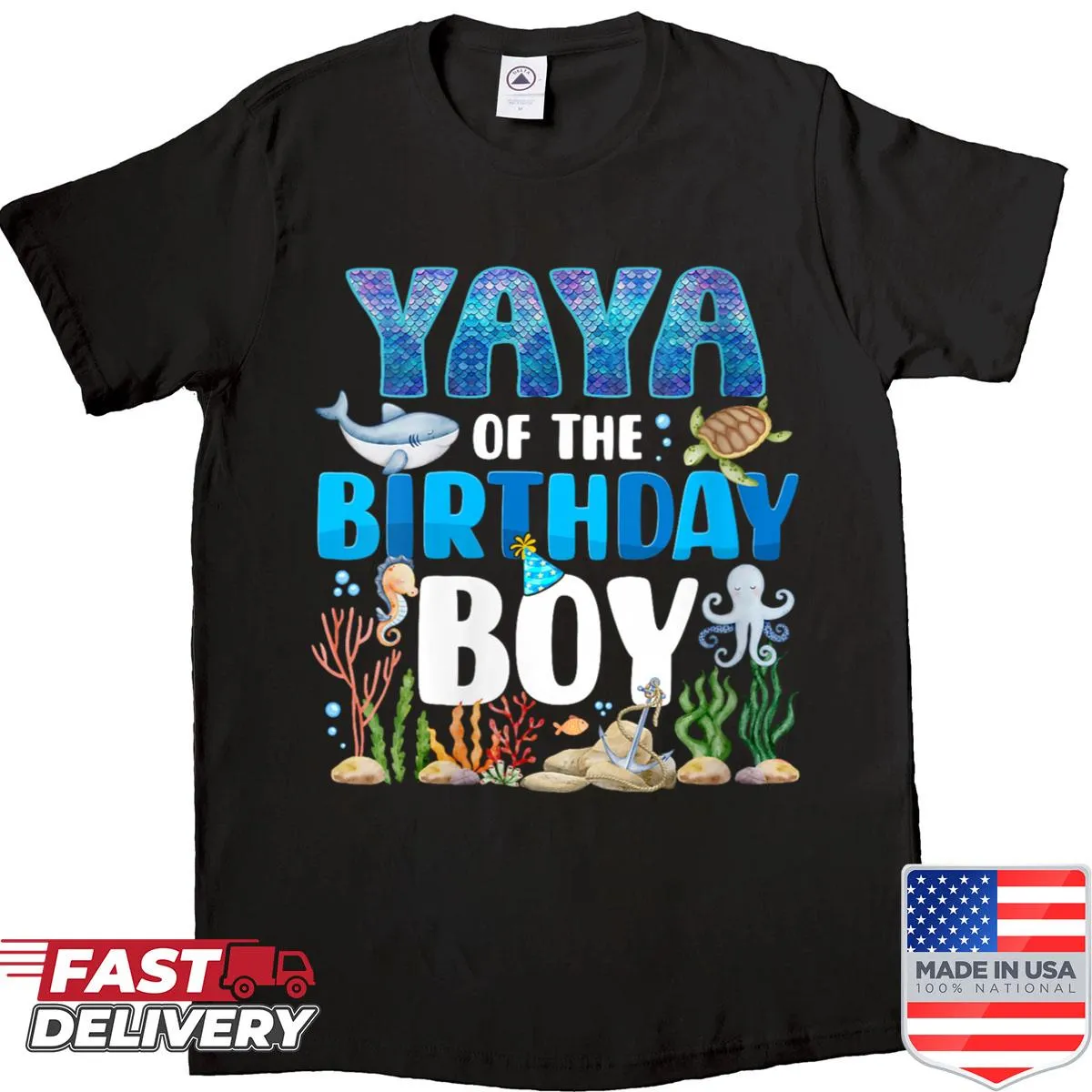 Shirt with 'Yaya Of The Birthday Boy' text and sea animal illustrations