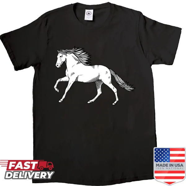 Silhouette of a running horse in woodcut style on shirt
