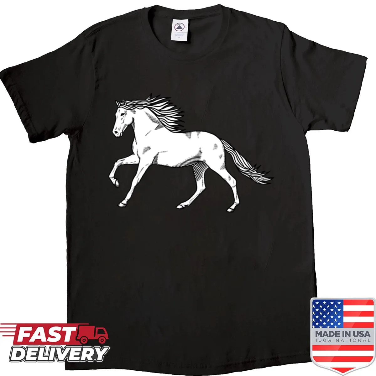 Silhouette of a running horse in woodcut style on shirt