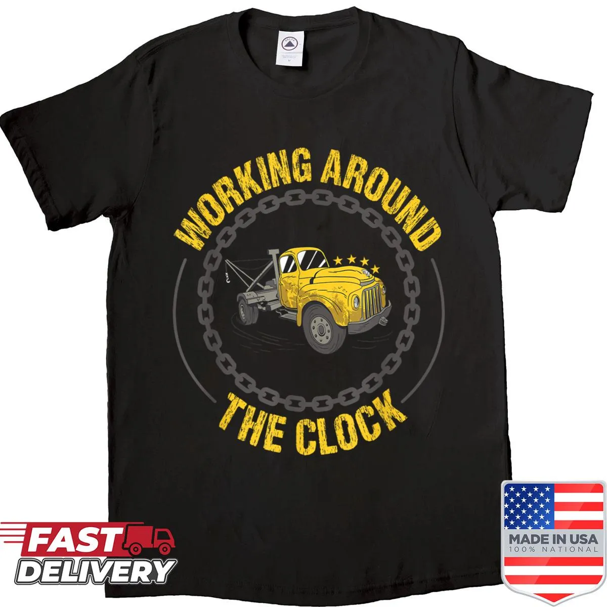 Badge-style graphic celebrating tow truck operators on shirt