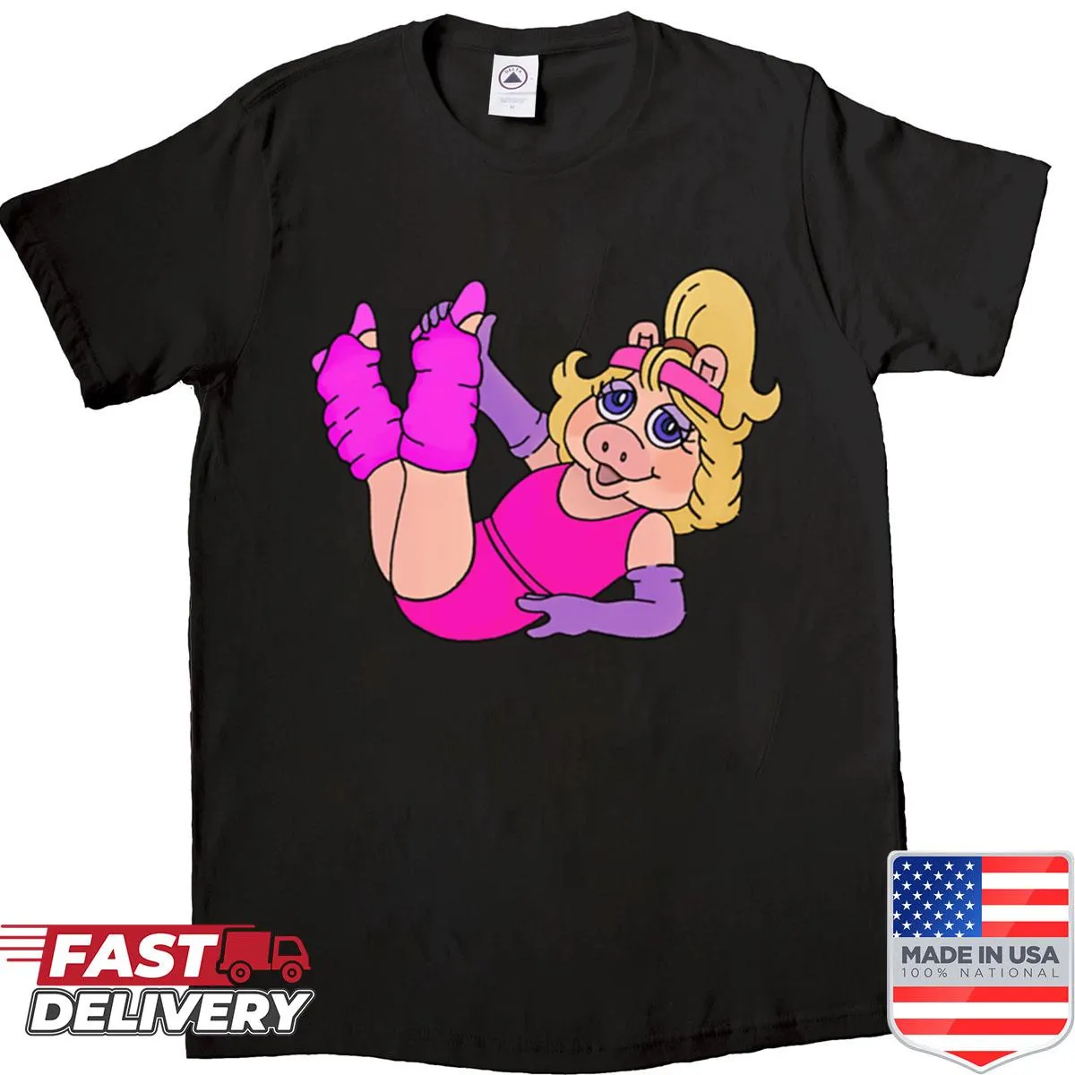 Cartoon pig engaging in workouts on shirt