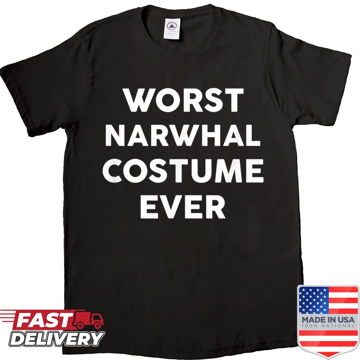 Funny Halloween T-shirt announcing worst narwhal costume ever
