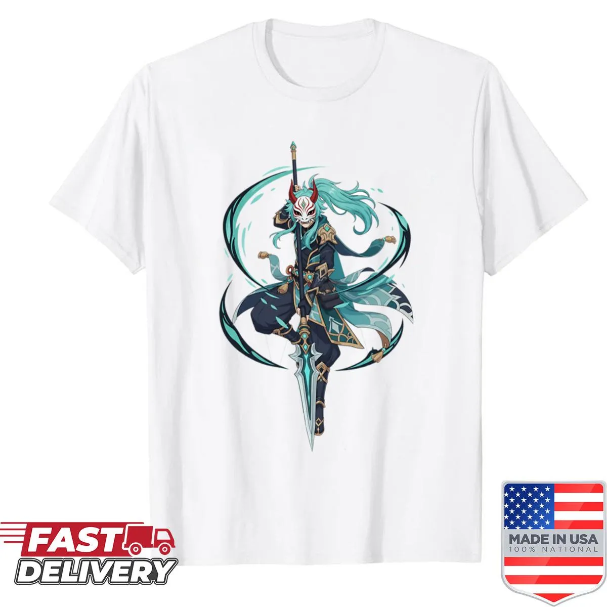 Whimsical Xiao character graphic on a Genshin Impact shirt
