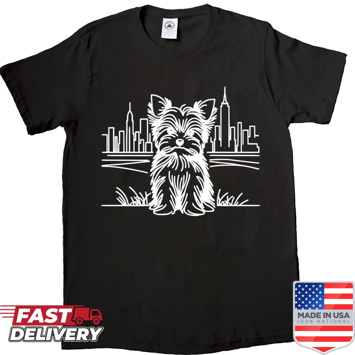 Line art shirt featuring a Yorkshire Terrier and NYC skyline.