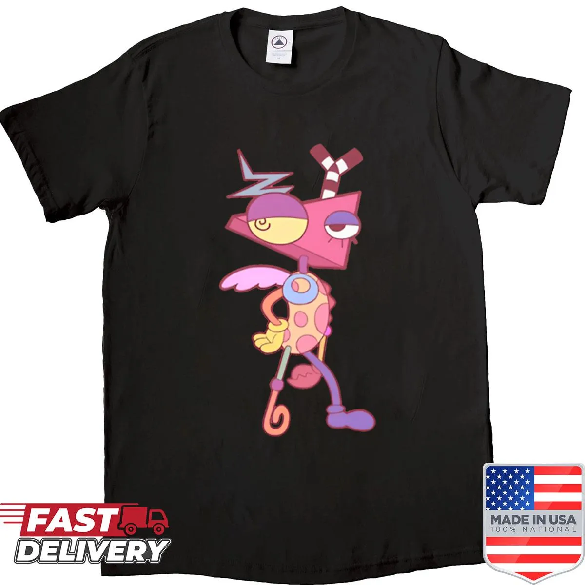 Graphic of a digital circus scene on a whimsical shirt