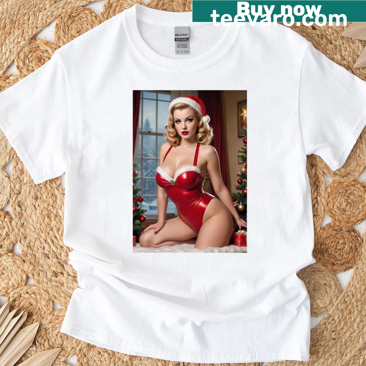 1940s vintage pin-up girl Christmas T-shirt design — on a men's t-shirt