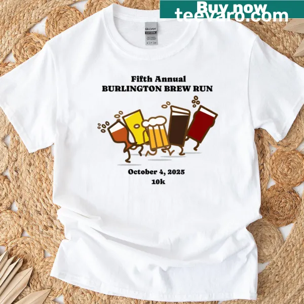 Oversized t-shirt celebrating the 2025 Burlington Brew Run with retro graphics