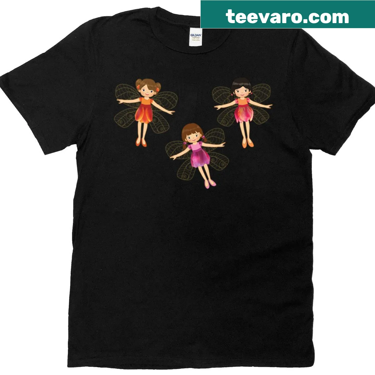 Fitted T-shirt featuring three whimsical tulip fairies — on a men's t-shirt
