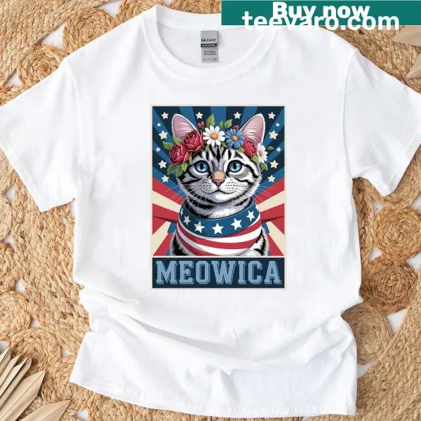 Cat with American flag and flowers in a vintage style t-shirt