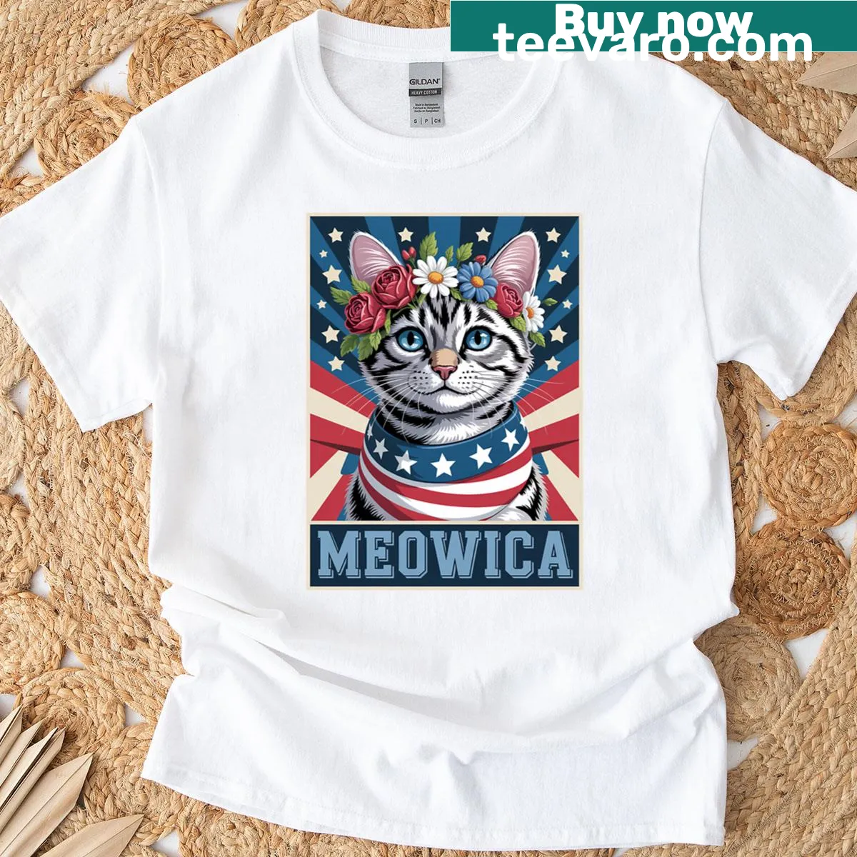 Cat with American flag and flowers in a vintage style t-shirt — on a men's t-shirt