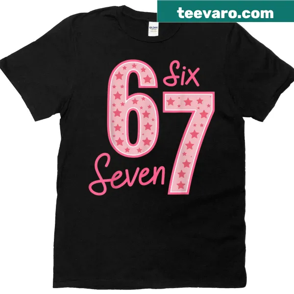 Graphic T-shirt featuring the number 67 in a humorous meme design