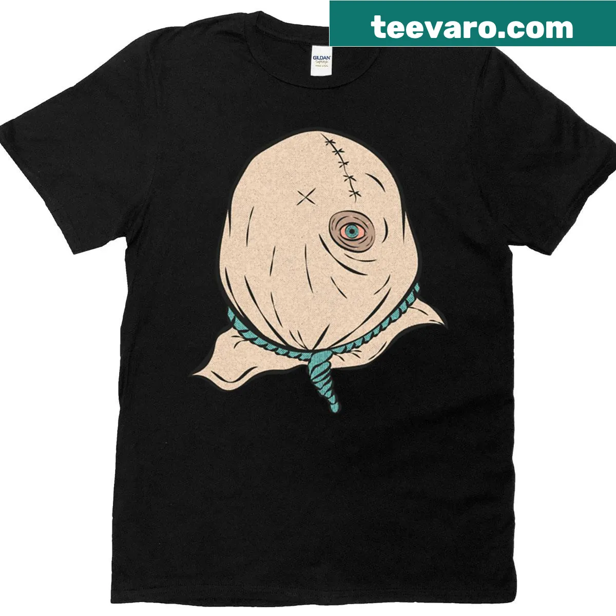 80s horror-themed T-shirt featuring a sack mask graphic — on a men's t-shirt
