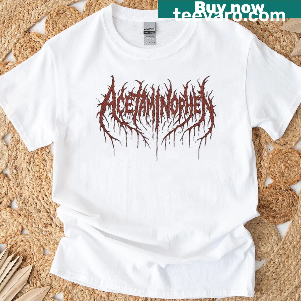 Oversized T-shirt with humorous black metal and acetaminophen illustration — on a men's t-shirt