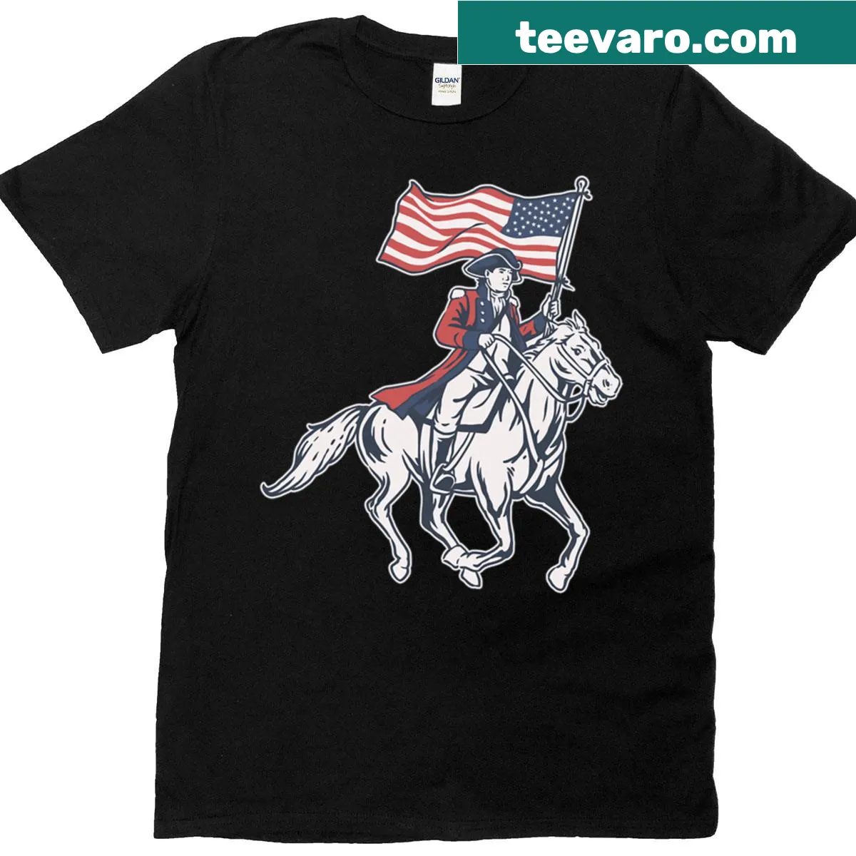 T-shirt featuring a soldier on horseback with an American flag — on a men's t-shirt