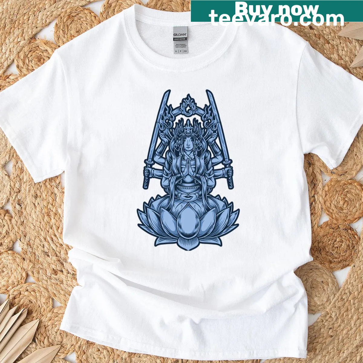 Illustration of Ancient Lotus Guard Warrior for a fantasy-themed shirt — on a men's t-shirt