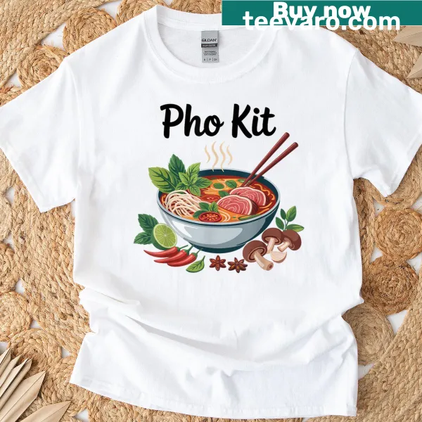 Cartoon graphic of pho bowl on a casual t-shirt