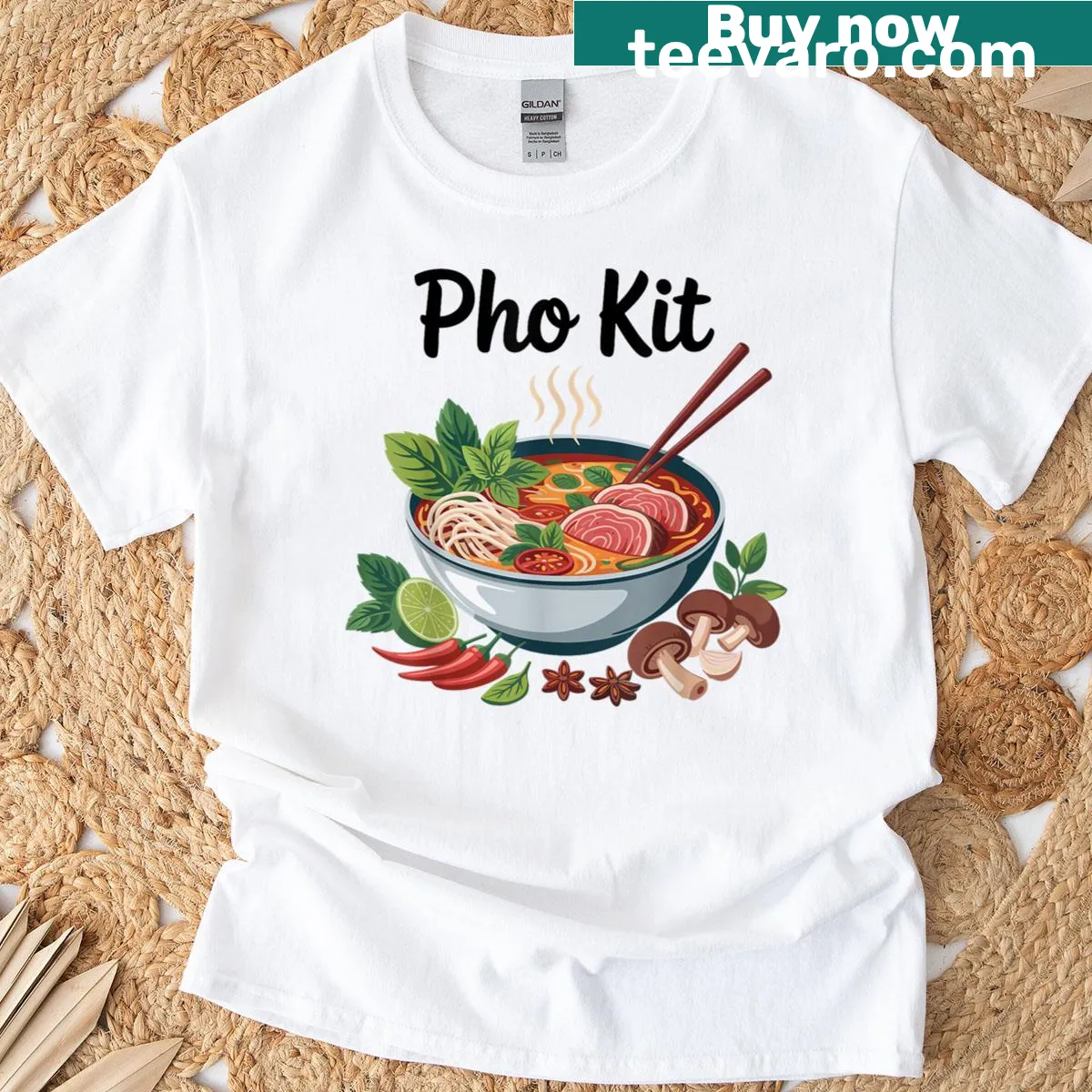 Cartoon graphic of pho bowl on a casual t-shirt — on a men's t-shirt