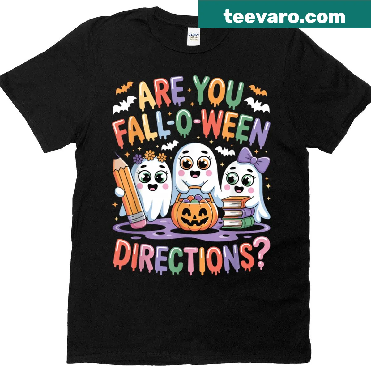 Cute Halloween-themed T-shirt for teachers featuring adorable ghosts — on a men's t-shirt