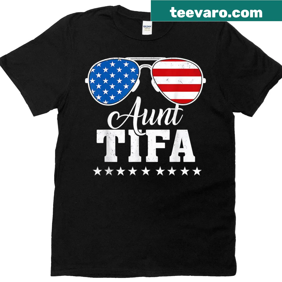 Patriotic Aunt Tifa t-shirt with sunglasses illustration — on a men's t-shirt