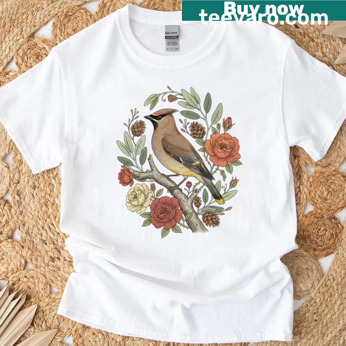 Illustration of a cedar waxwing among roses on a t-shirt — on a men's t-shirt