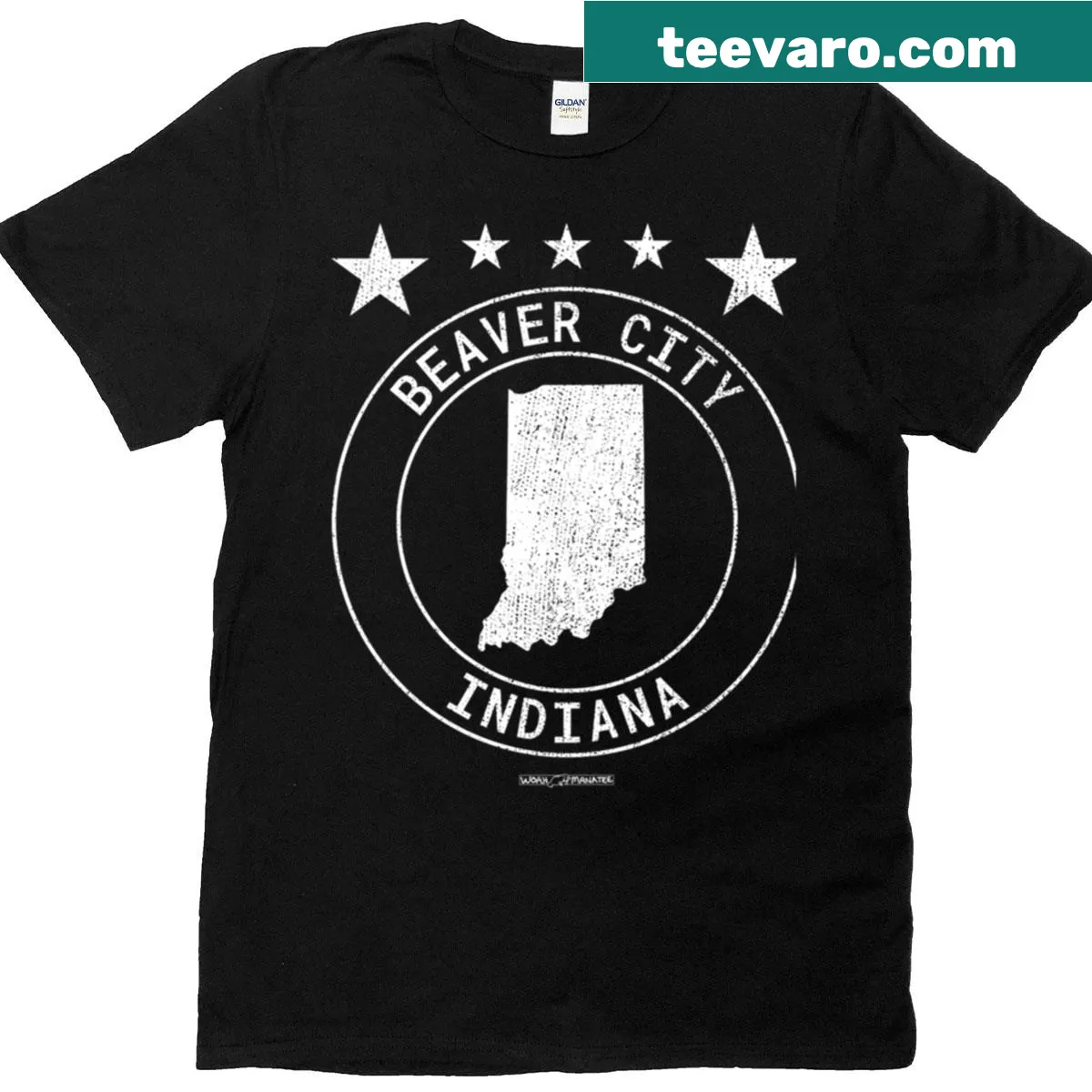 Oversized t-shirt featuring Beaver City Indiana illustration. — on a men's t-shirt