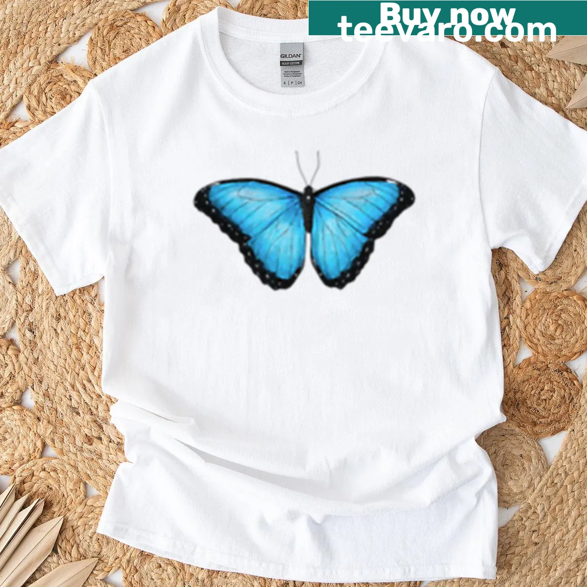 Realistic illustration of a Blue Morpho Butterfly on a T-shirt — on a men's t-shirt