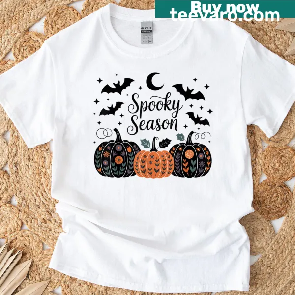 Boho Halloween t-shirt with whimsical spooky season graphics