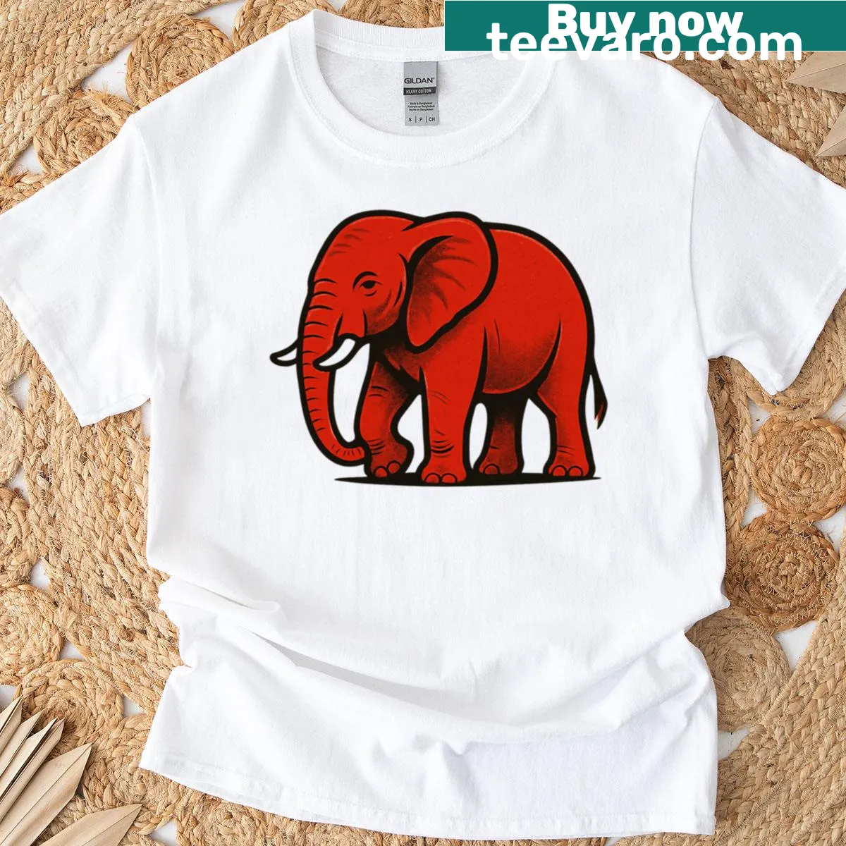 Retro graphic T-shirt featuring a bold elephant illustration — on a men's t-shirt