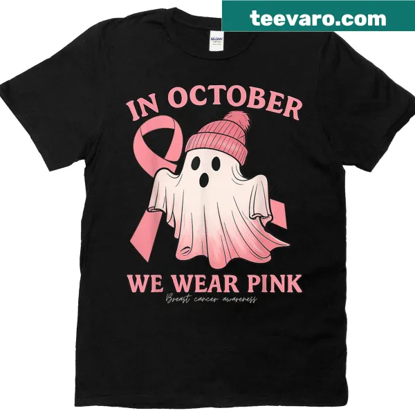 Cute T-shirt showcasing a pink ghost and witch for breast cancer awareness.